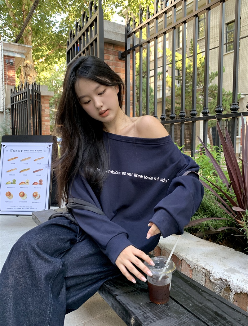 Sloping shoulder lazy autumn tops Casual all-match hoodie