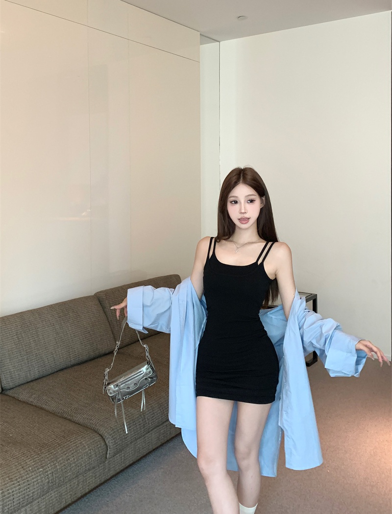 Slim pinched waist autumn Pseudo-two strap dress