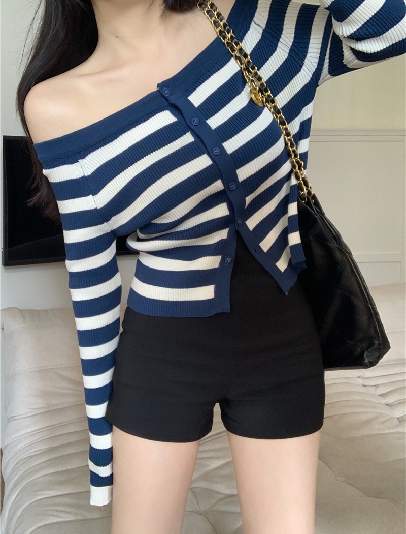 Autumn stripe sweater all-match flat shoulder tops