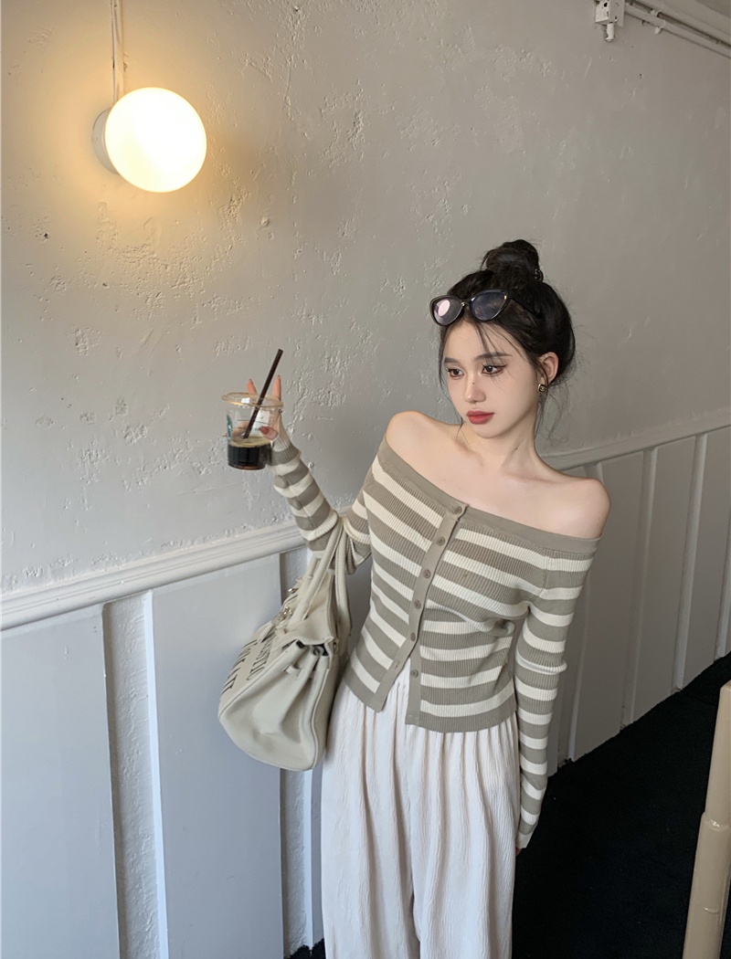 Autumn stripe sweater all-match flat shoulder tops