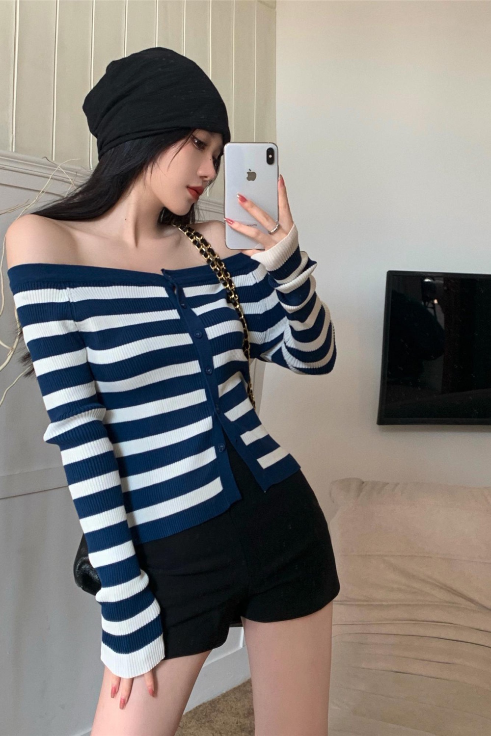 Autumn stripe sweater all-match flat shoulder tops