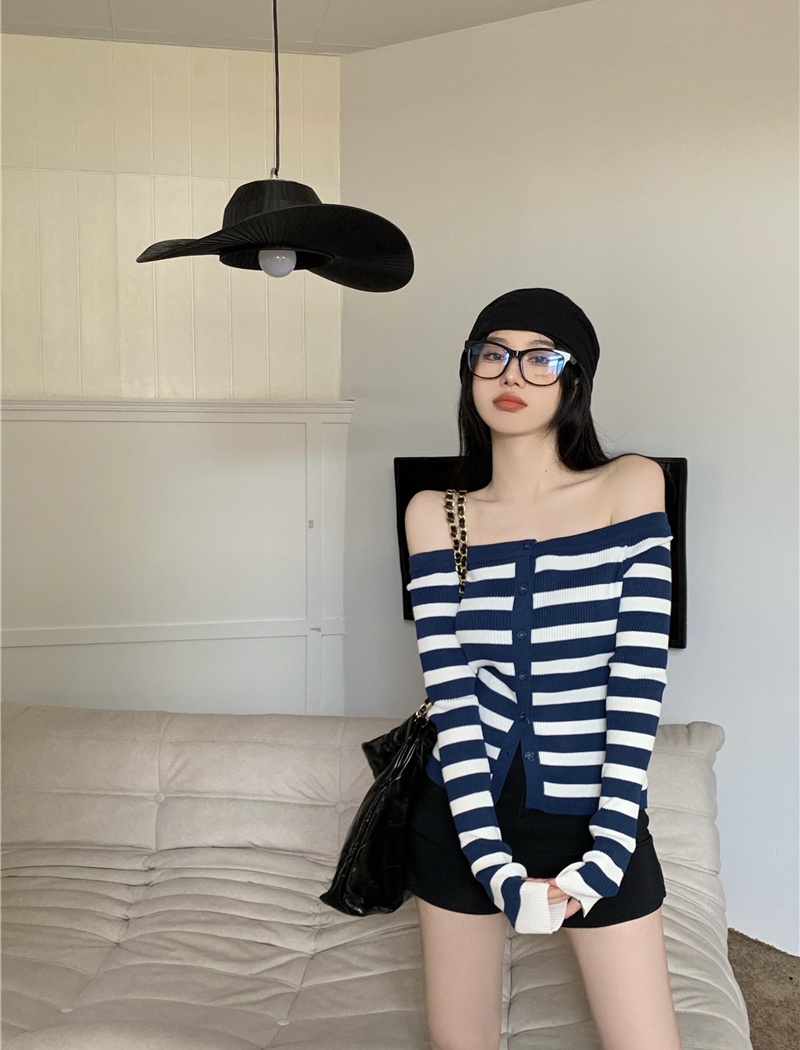 Autumn stripe sweater all-match flat shoulder tops