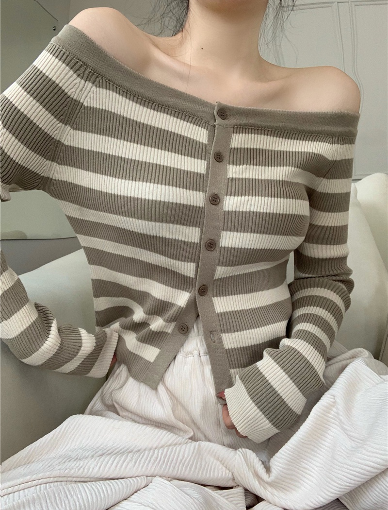 Autumn stripe sweater all-match flat shoulder tops