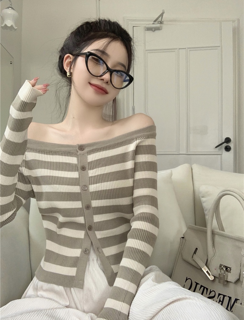 Autumn stripe sweater all-match flat shoulder tops