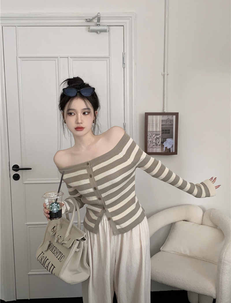 Autumn stripe sweater all-match flat shoulder tops