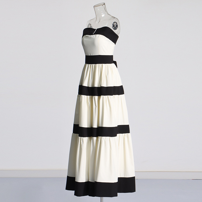 Stripe temperament dress elegant bow formal dress for women