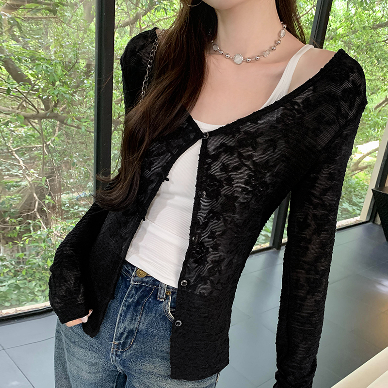 Lace baotou cardigan long sleeve T-shirt for women