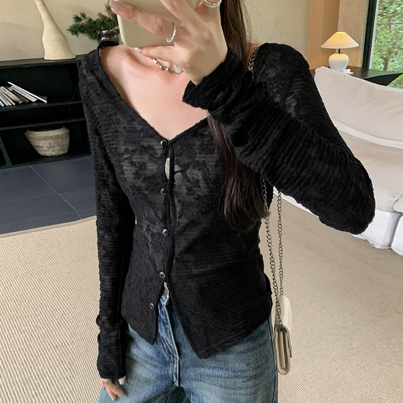 Lace baotou cardigan long sleeve T-shirt for women