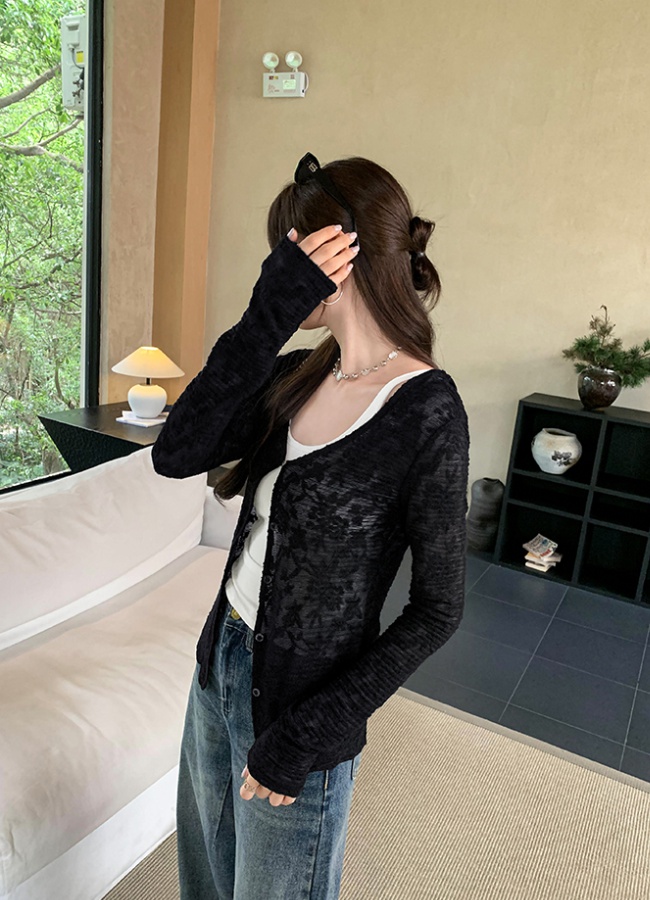 Lace baotou cardigan long sleeve T-shirt for women