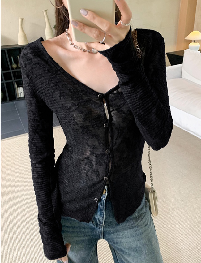 Lace baotou cardigan long sleeve T-shirt for women