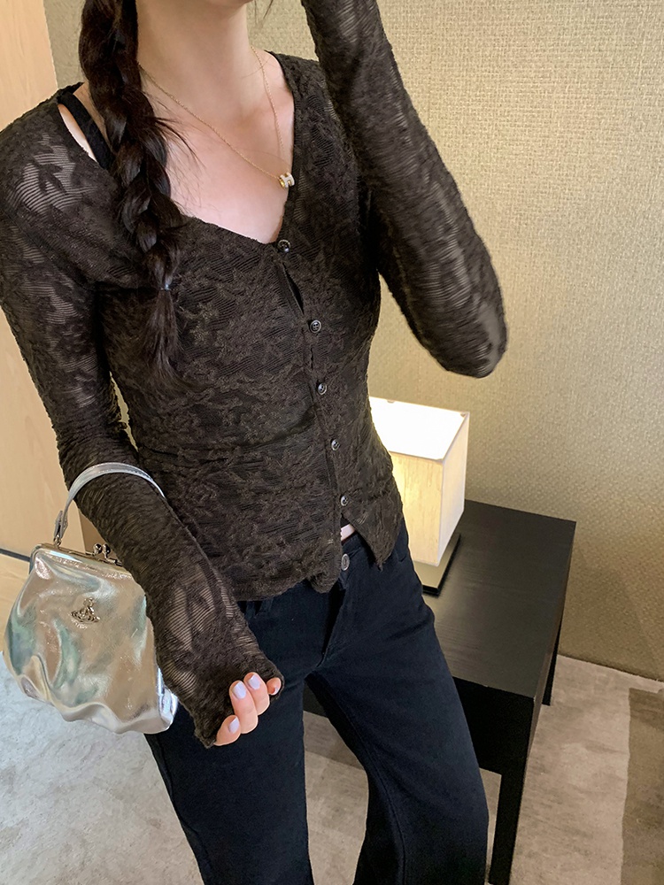 Lace baotou cardigan long sleeve T-shirt for women