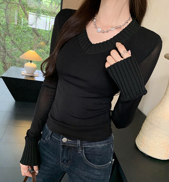 Thin black bottoming shirt gauze niche T-shirt for women