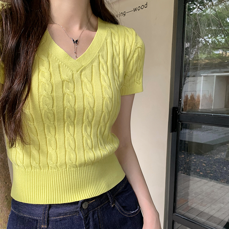 V-neck thin summer sweater short sleeve short tops