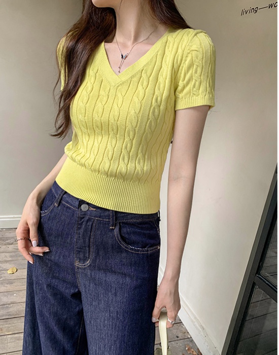 V-neck thin summer sweater short sleeve short tops