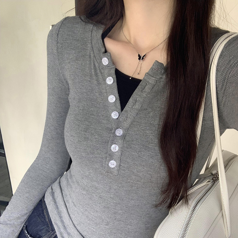 Halter gray T-shirt spring and autumn tops for women