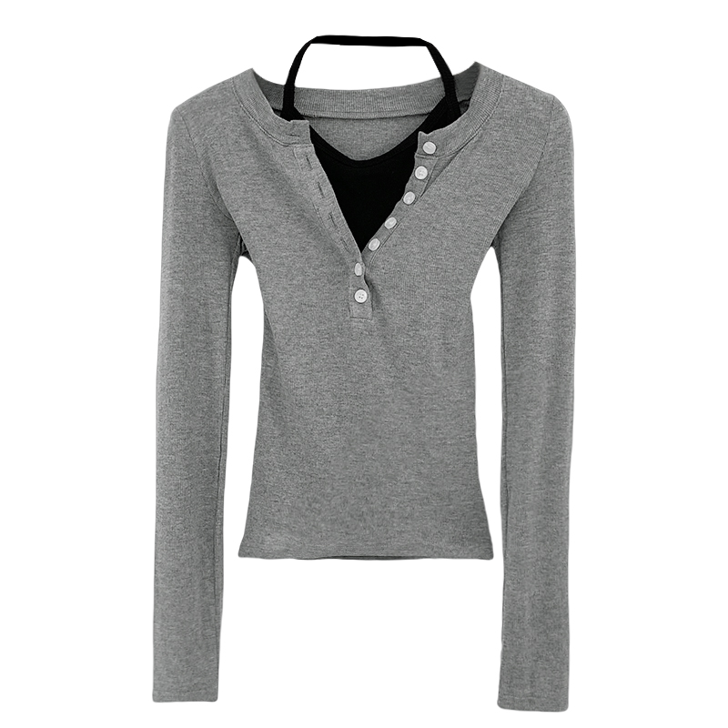 Halter gray T-shirt spring and autumn tops for women