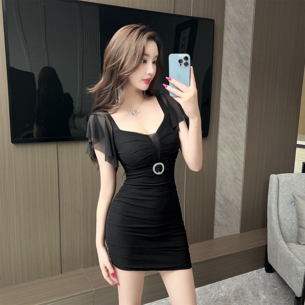 Slim package hip sexy T-back boats sleeve gauze dress