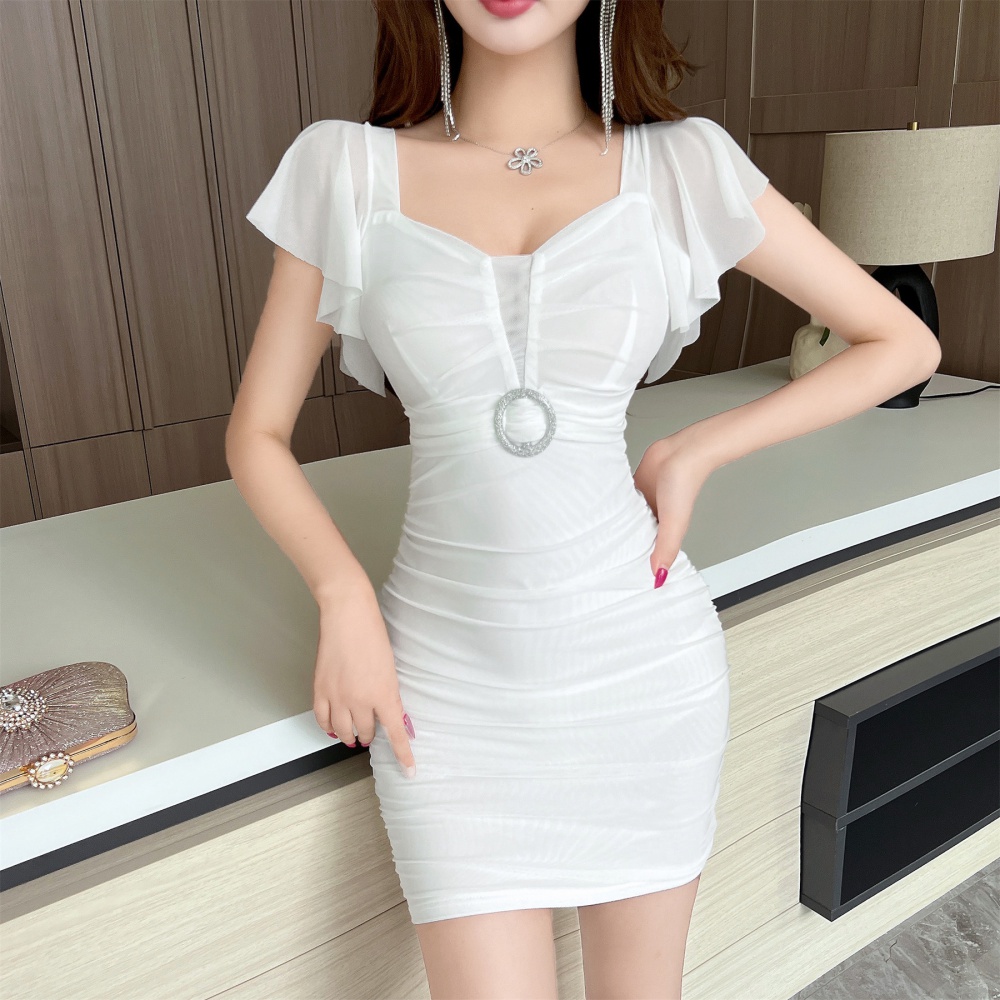 Slim package hip sexy T-back boats sleeve gauze dress