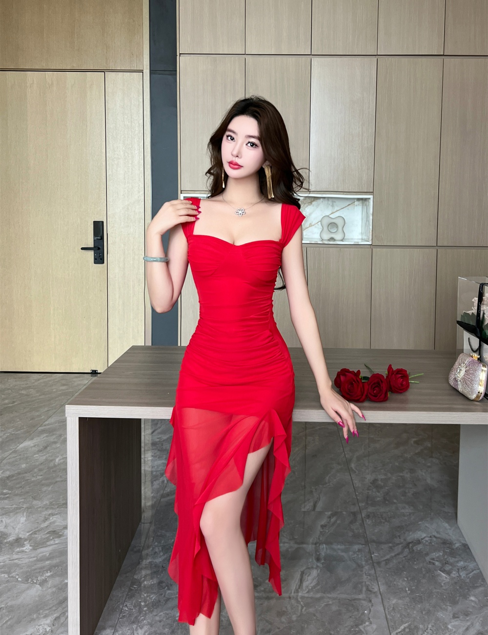 Spicegirl square collar split splice sling temperament dress