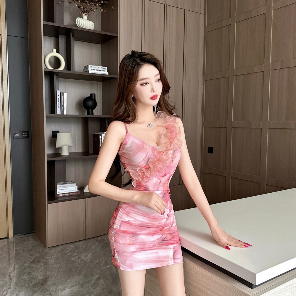 Low-cut gauze package hip printing short dress