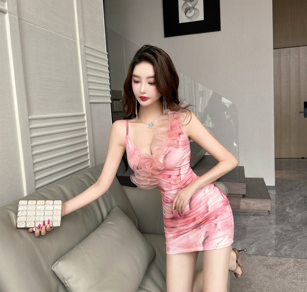 Low-cut gauze package hip printing short dress