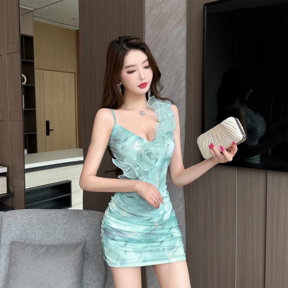 Low-cut gauze package hip printing short dress