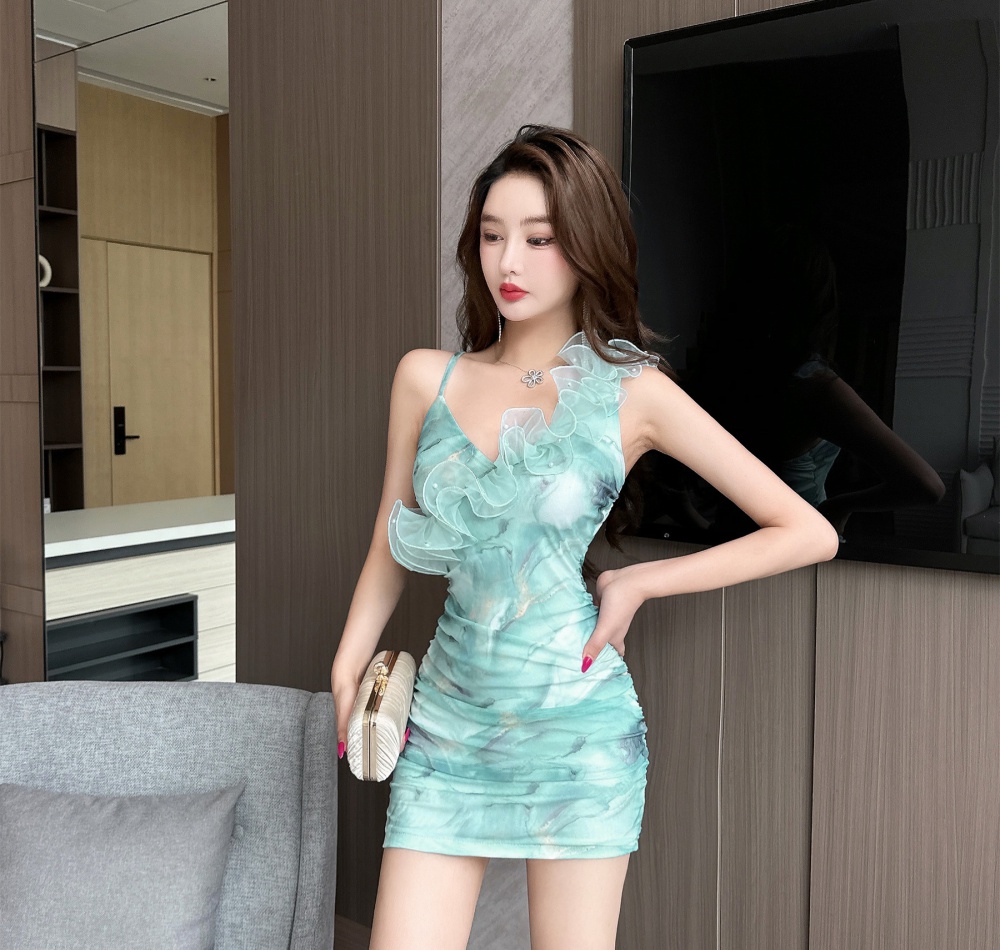 Low-cut gauze package hip printing short dress