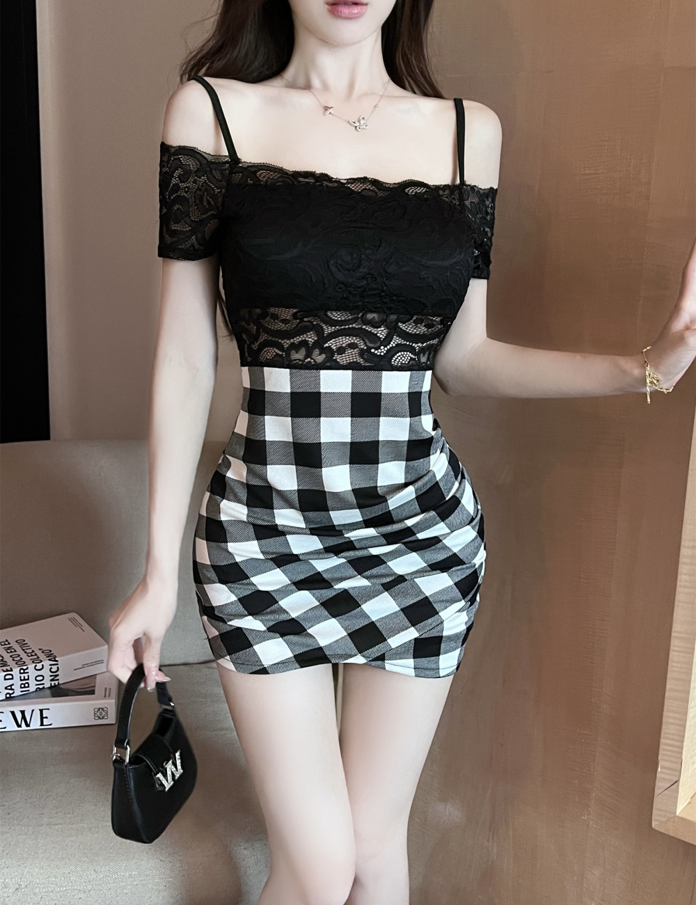 Lace sexy plaid short package hip bottoming splice dress