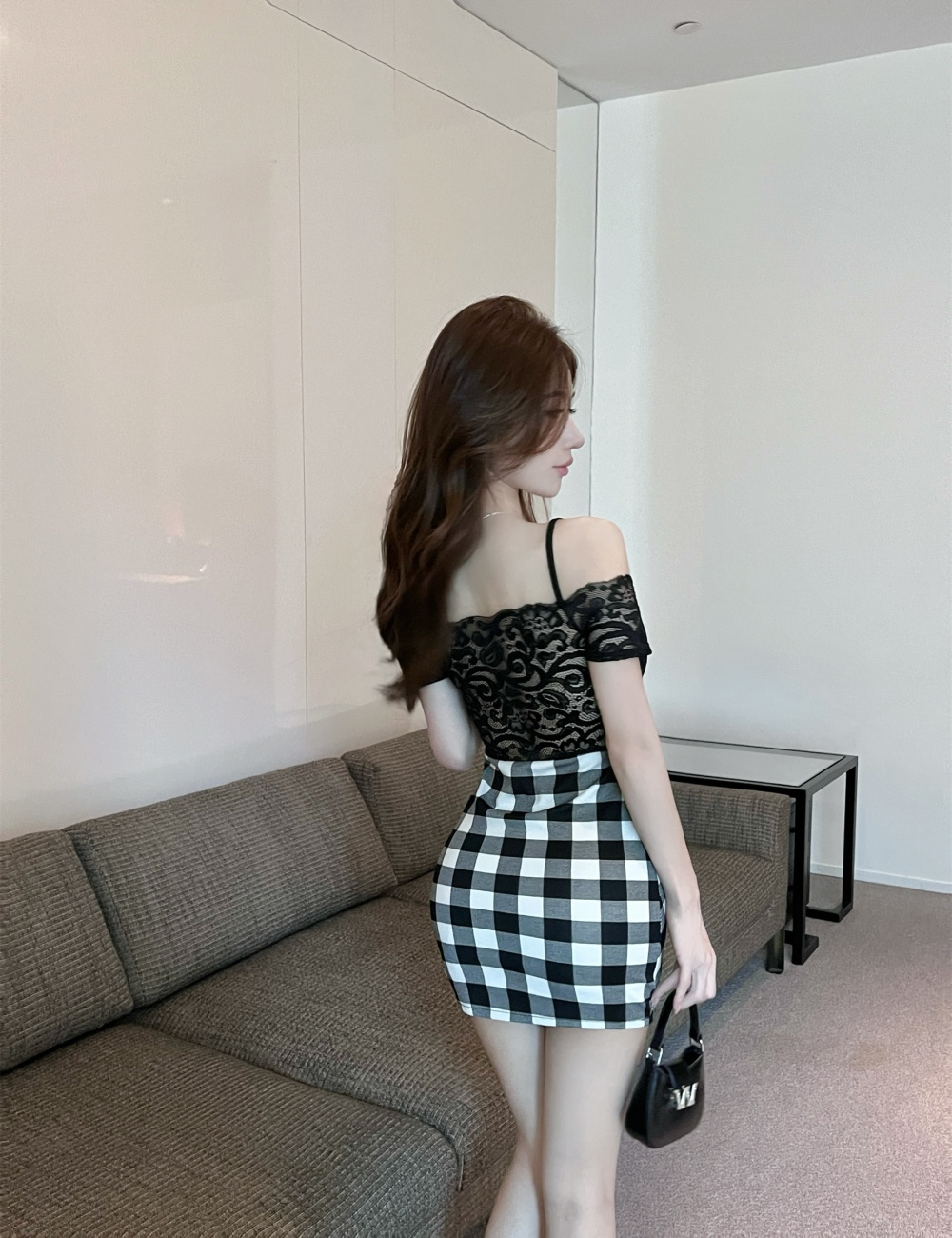 Lace sexy plaid short package hip bottoming splice dress