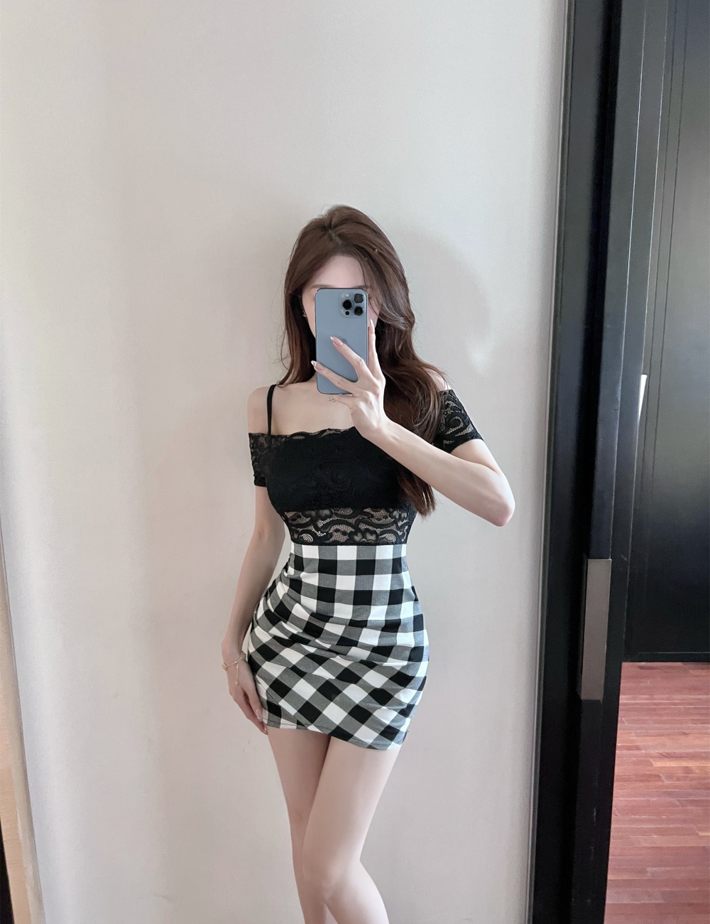 Lace sexy plaid short package hip bottoming splice dress