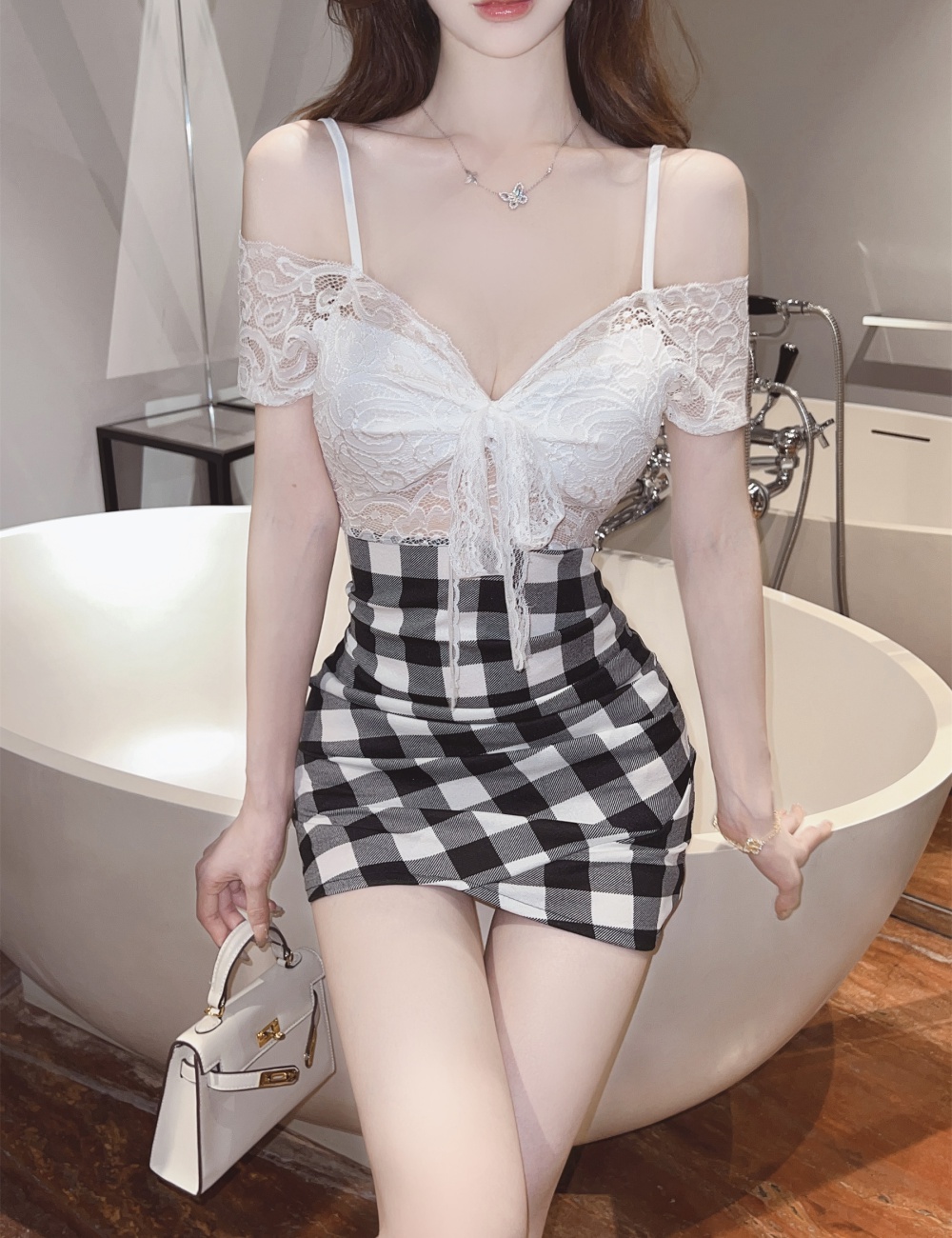 Lace sexy plaid short package hip bottoming splice dress