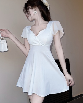 Halter A-line slim sexy low-cut pinched waist V-neck dress