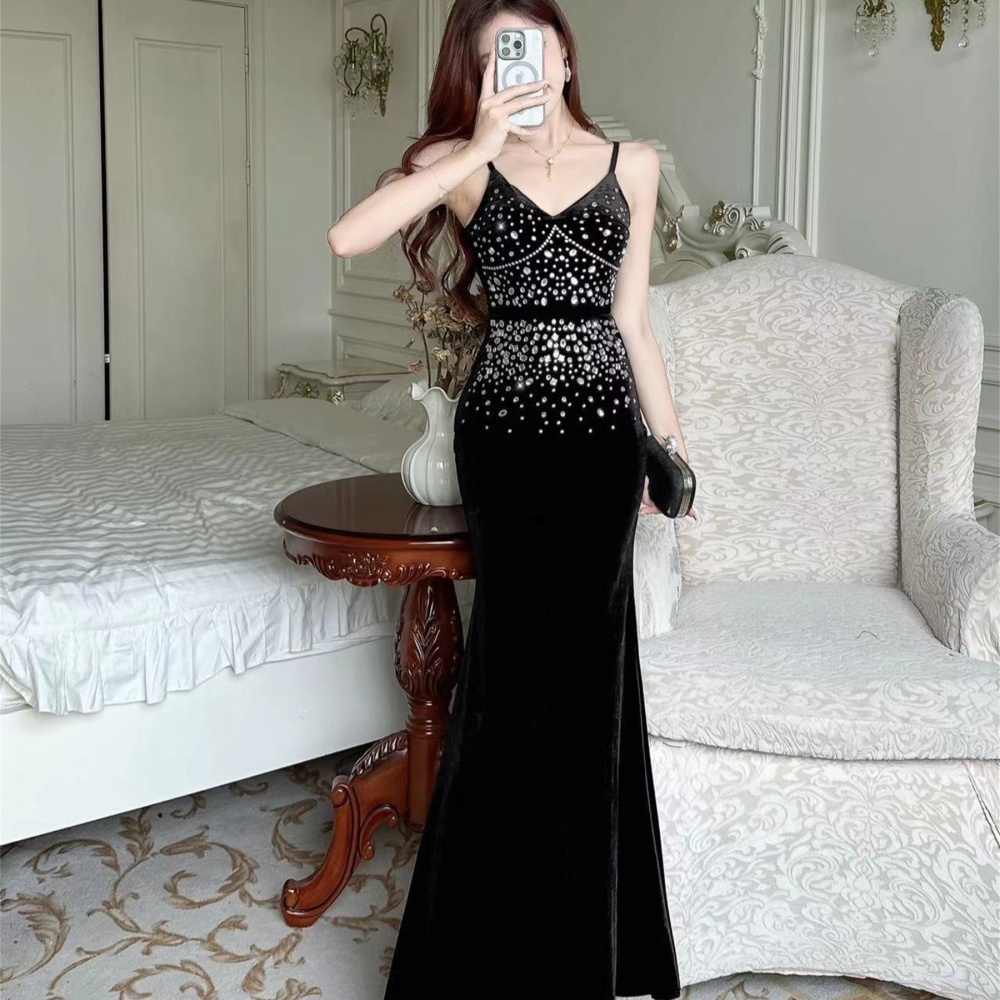 Sexy rhinestone dress host banquet evening dress