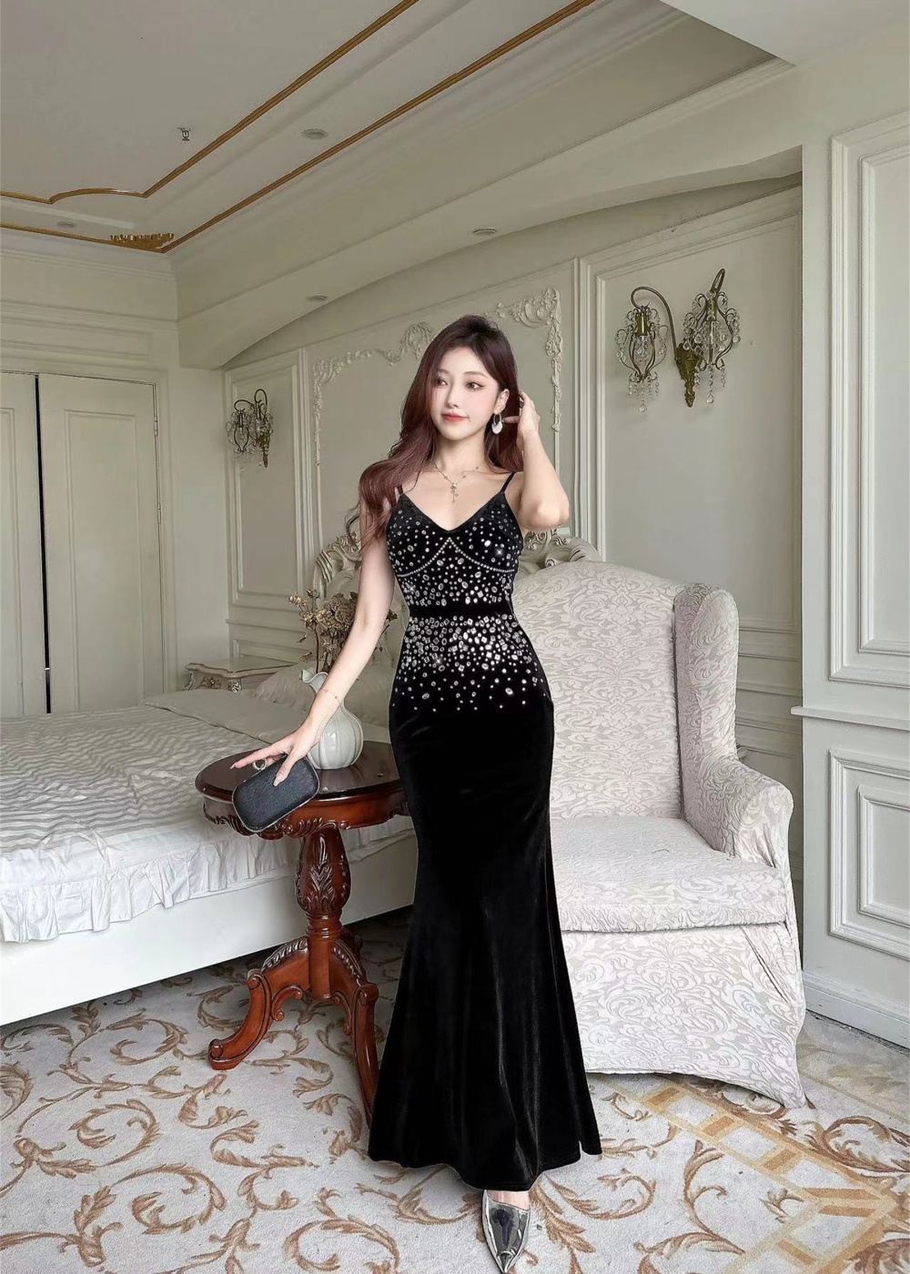 Sexy rhinestone dress host banquet evening dress