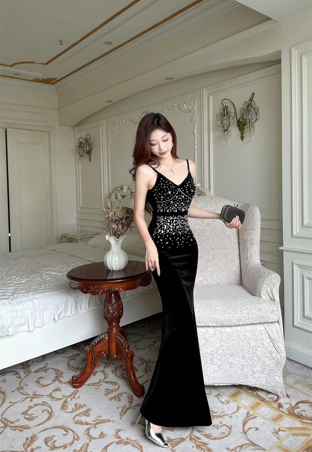 Sexy rhinestone dress host banquet evening dress