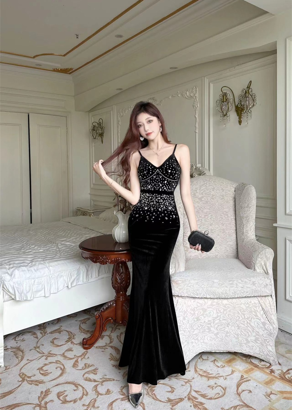 Sexy rhinestone dress host banquet evening dress