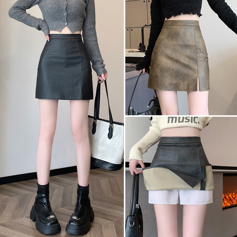 PU retro blooming skirt autumn anti emptied slim short skirt