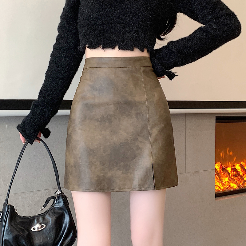 PU retro blooming skirt autumn anti emptied slim short skirt