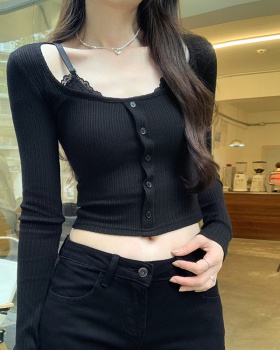 Buckle slim long sleeve tops lace sling T-shirt for women