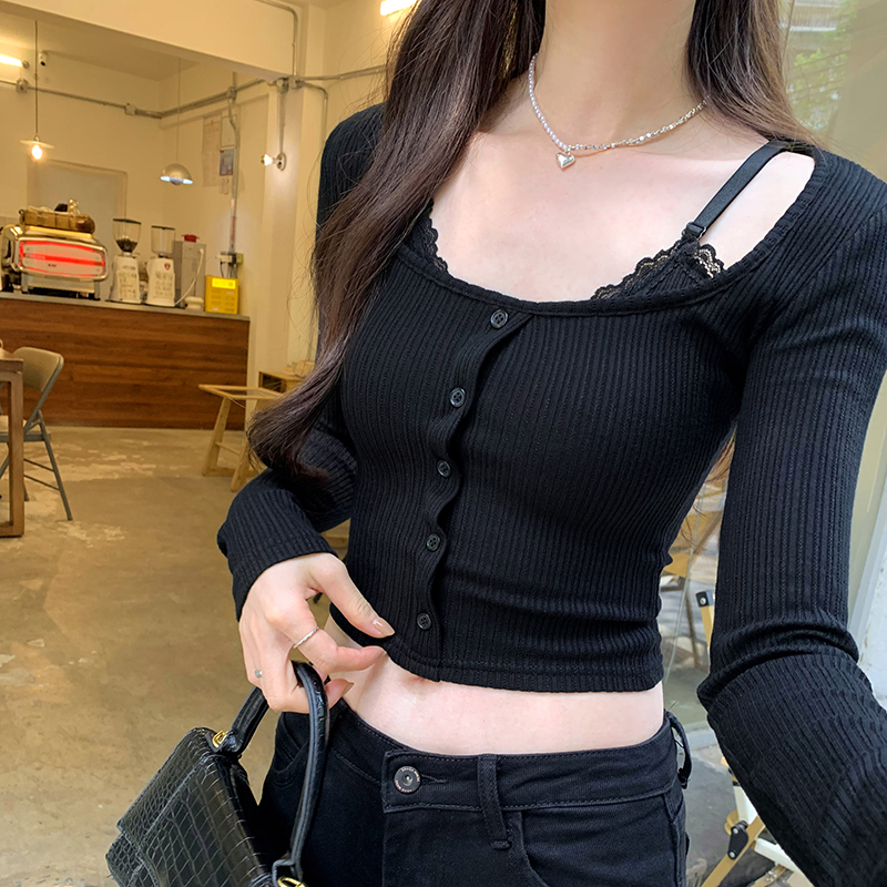 Buckle slim long sleeve tops lace sling T-shirt for women