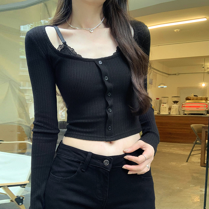 Buckle slim long sleeve tops lace sling T-shirt for women