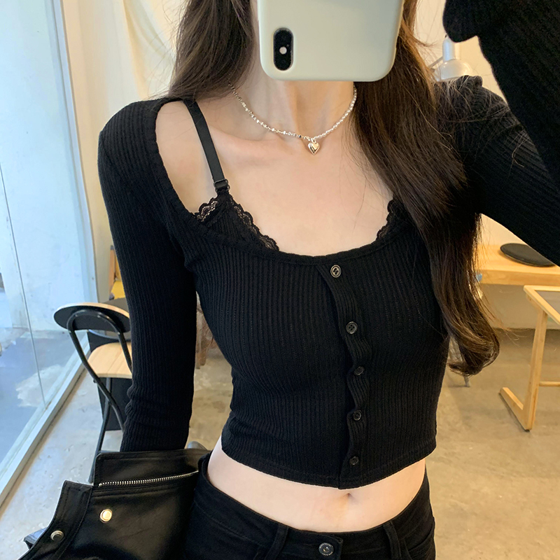 Buckle slim long sleeve tops lace sling T-shirt for women