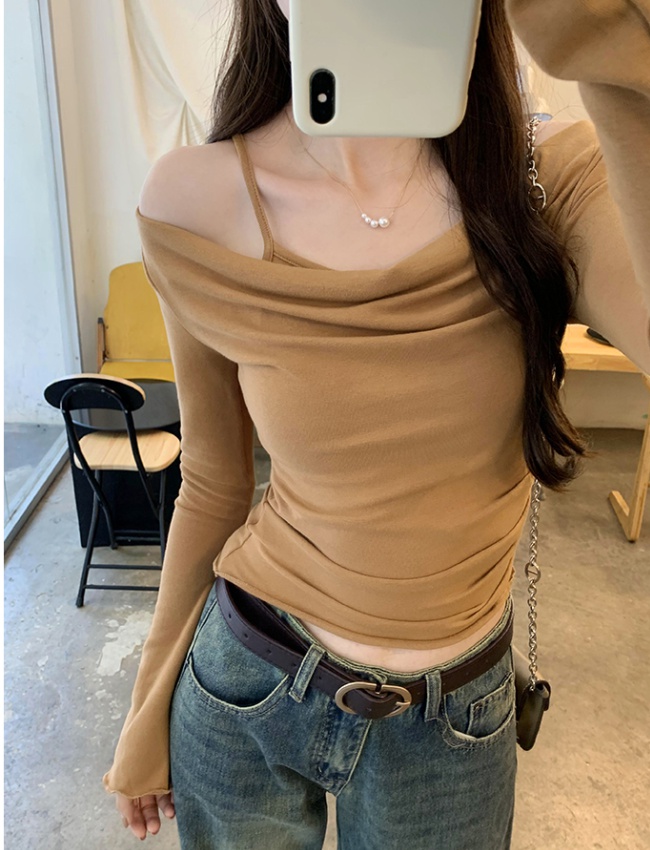 Long sleeve autumn chouzhe T-shirt flat shoulder sling tops