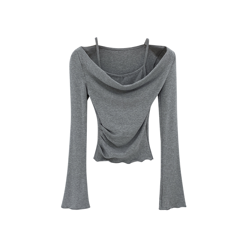 Long sleeve autumn chouzhe T-shirt flat shoulder sling tops