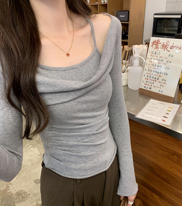 Long sleeve autumn chouzhe T-shirt flat shoulder sling tops