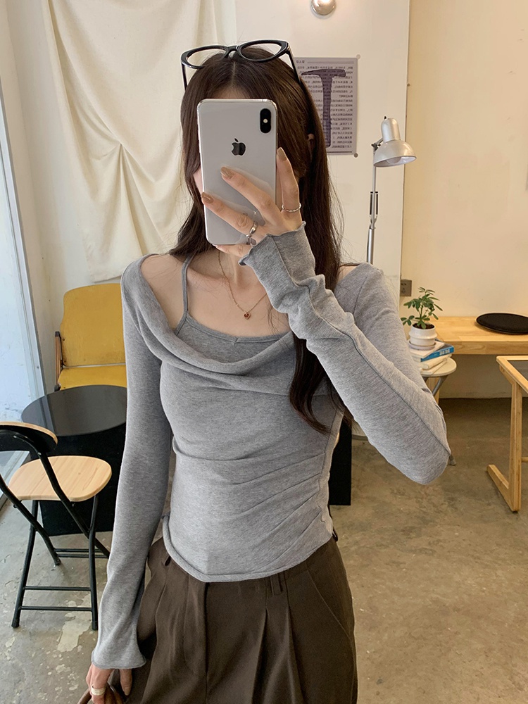 Long sleeve autumn chouzhe T-shirt flat shoulder sling tops