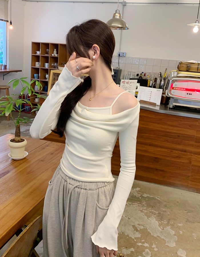 Long sleeve autumn chouzhe T-shirt flat shoulder sling tops