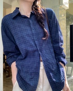 Plaid all-match loose blue shirt