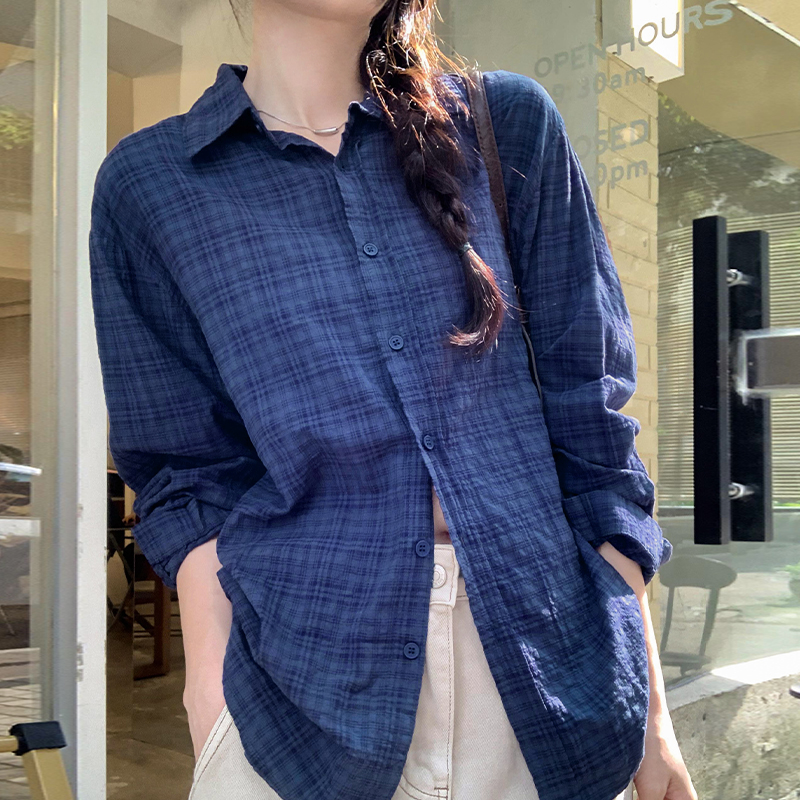 Plaid all-match loose blue shirt