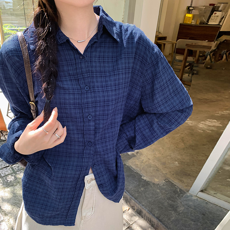 Plaid all-match loose blue shirt